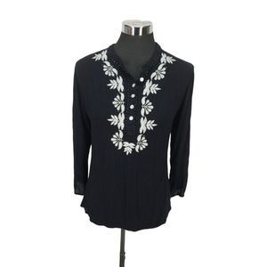 Bohemian Cafe Women's Black Embroidered Beaded Rayon‎ 3/4 Sleeve Blouse Large